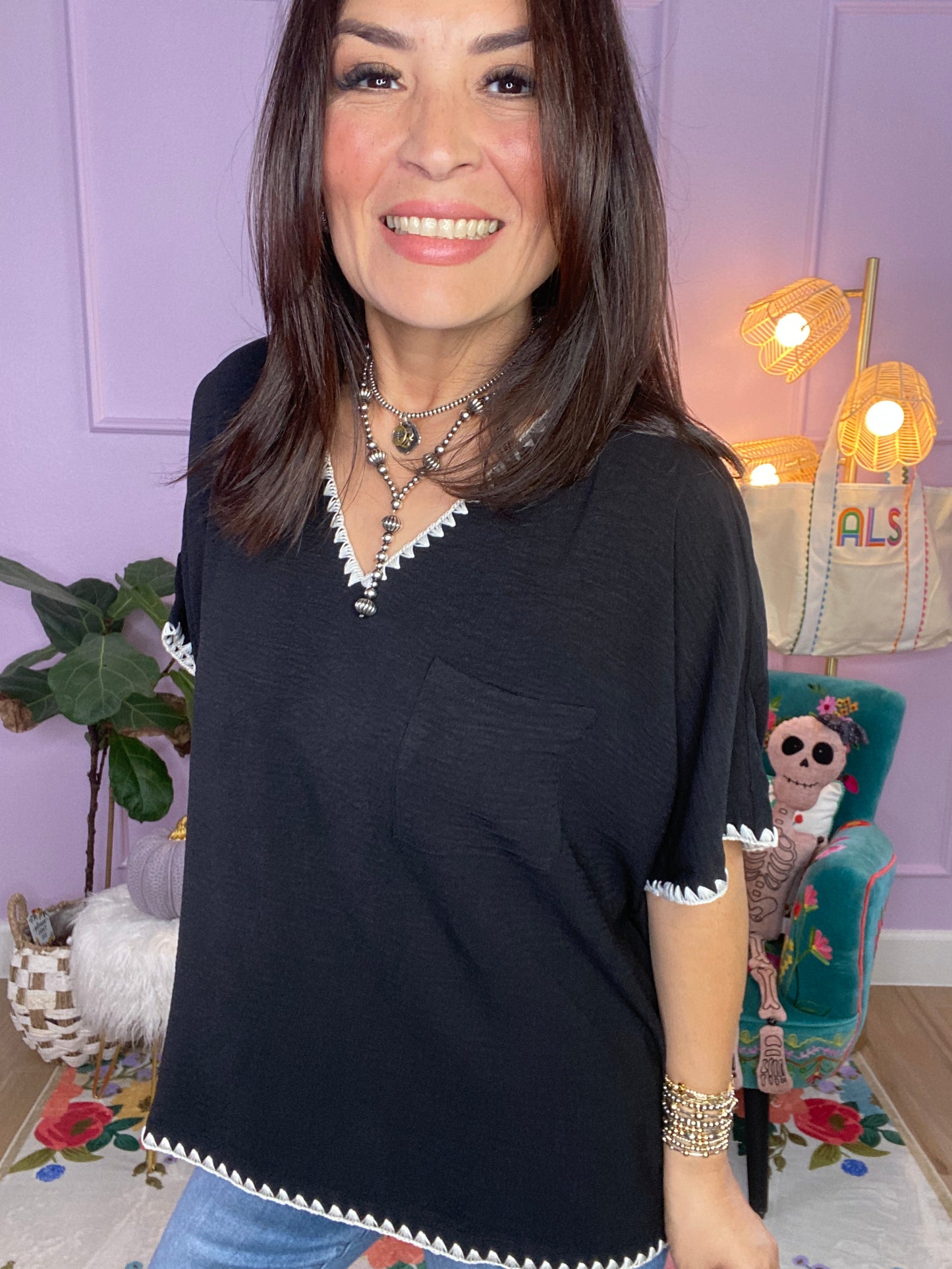 Shell Stitch Detail Loose Fit Top