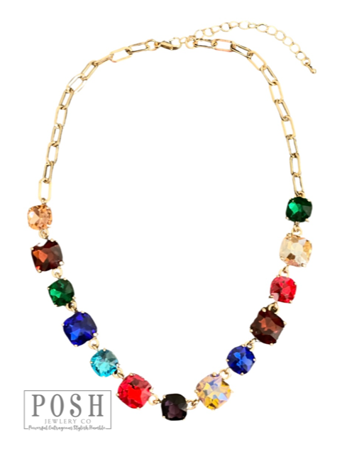 Square rhinestone and chain necklace - LC