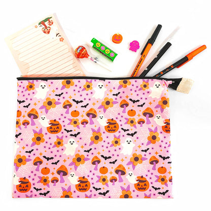 Cute Spooky Floral Halloween XL Cotton Zipper Pouch
