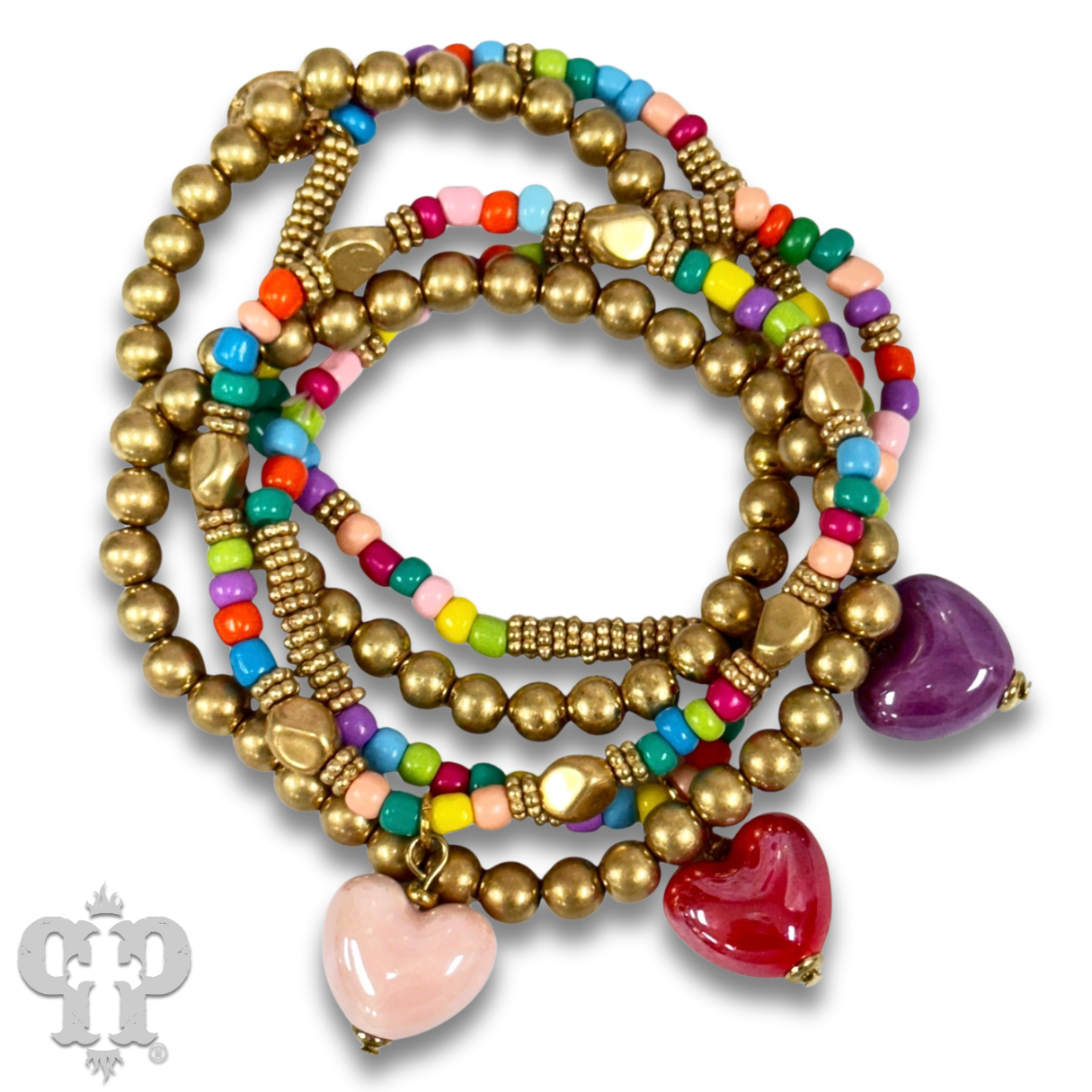 Multi-color bracelet with three heart charms