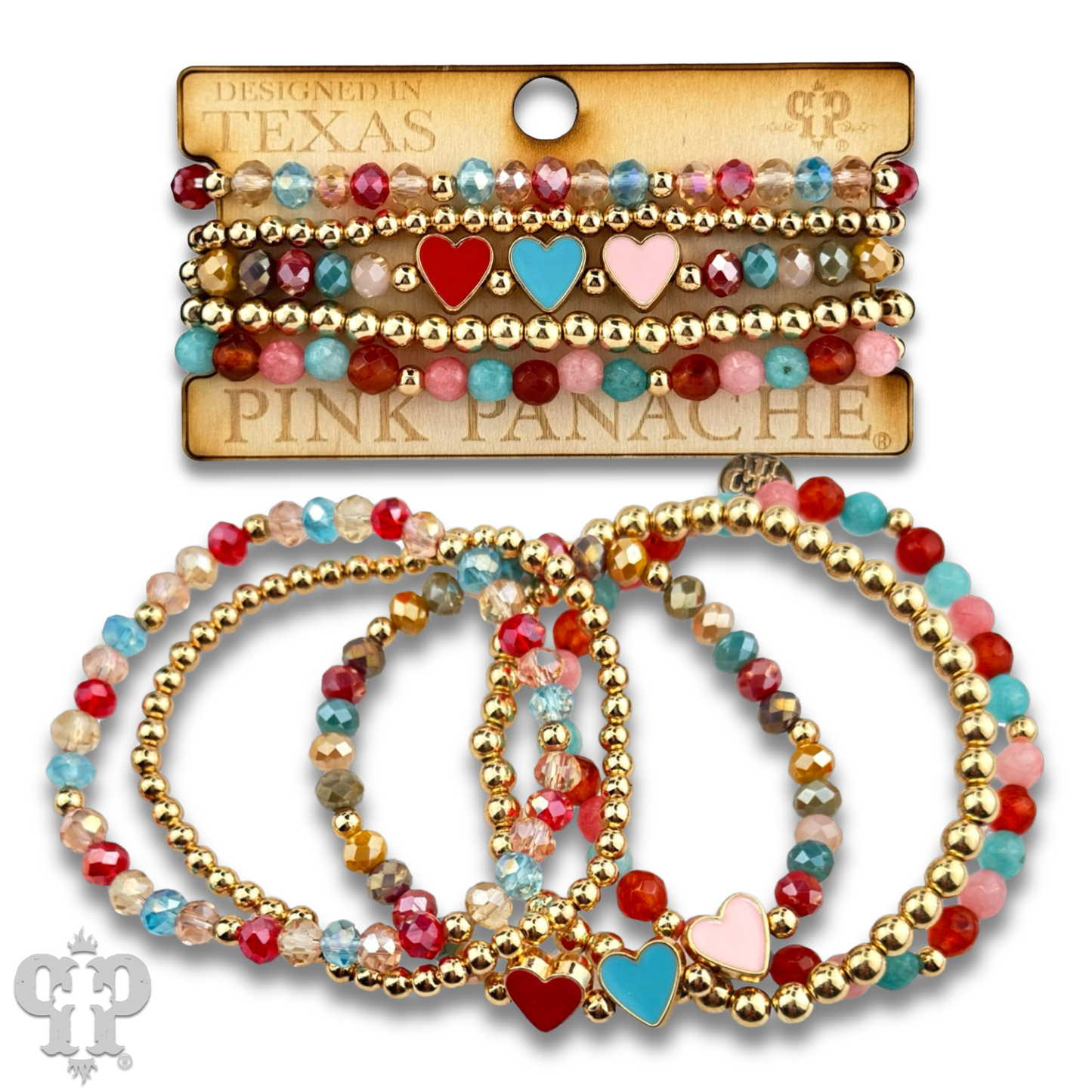 Enamel hearts and faceted bead bracelet
