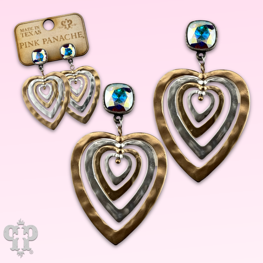 Two tone hammered heart earrings featuring Austrian crystal posts