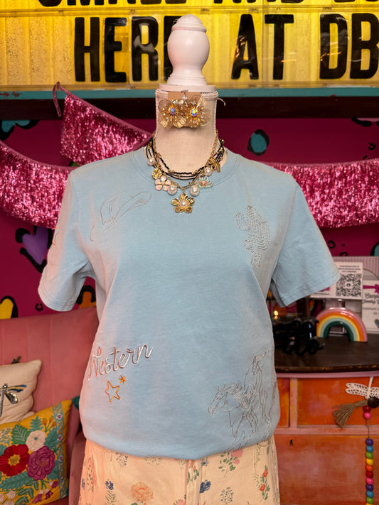 CHIC WESTERN DOODLE TEE - BLUE