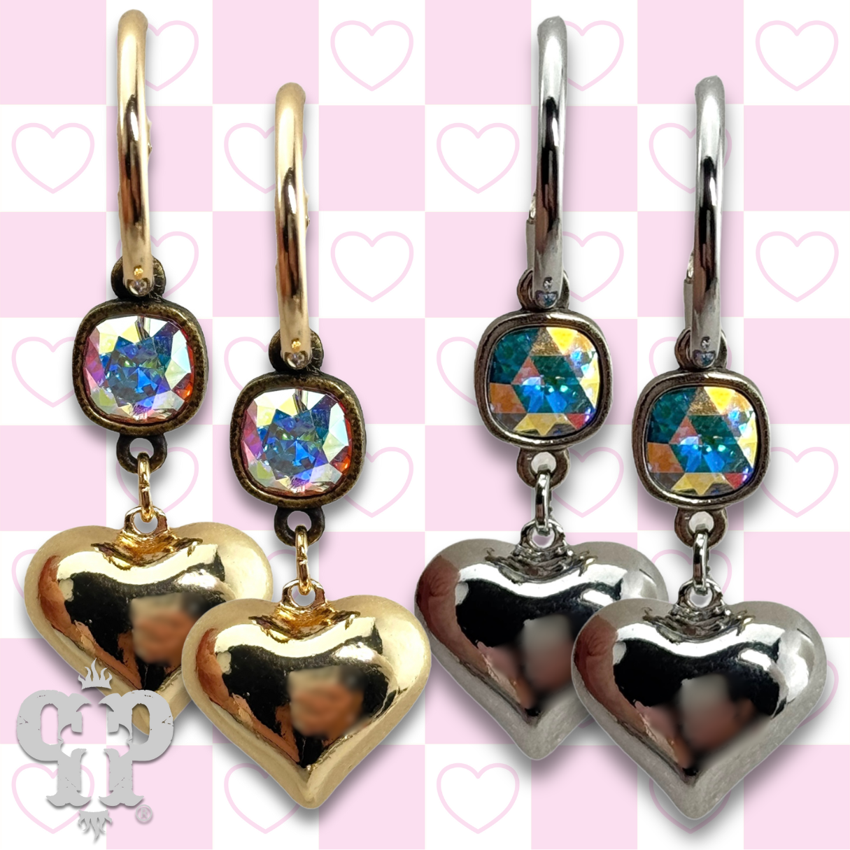 Puffed heart earring, Austrian crystal