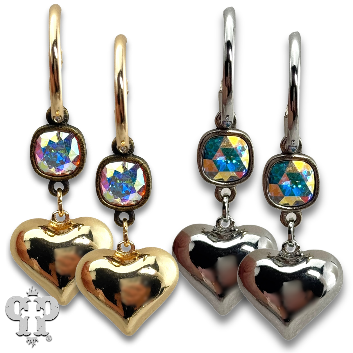 Puffed heart earring, Austrian crystal