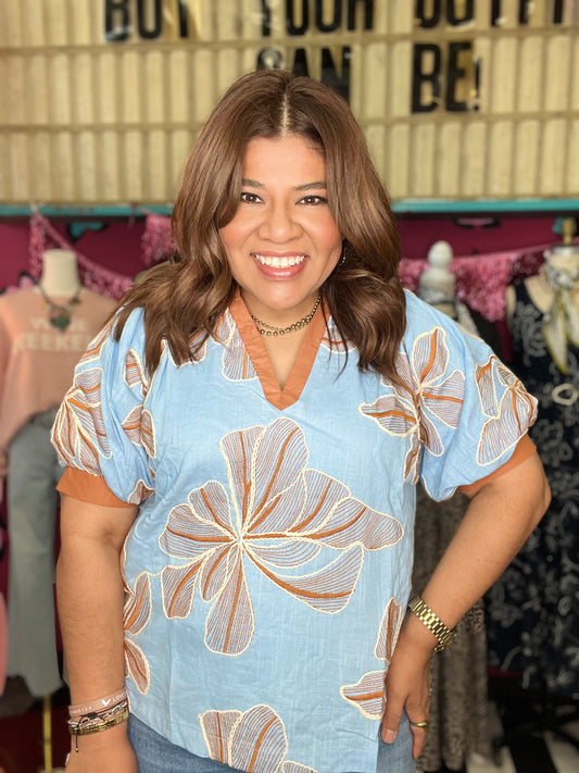 Embroidered V-Neck Top