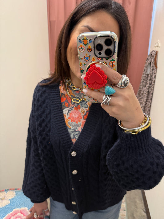 Navy Cable Knit Pearl Button Cardigan