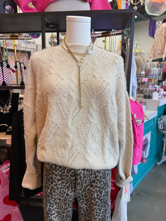 Ivory Pearl-Embellished Knit Sweater