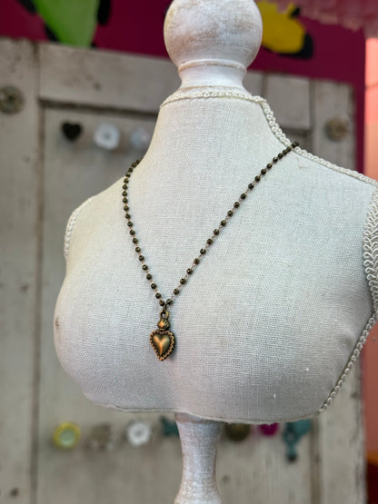 3mm Pyrite Bead Rosary Necklace with Sacred Heart Charm