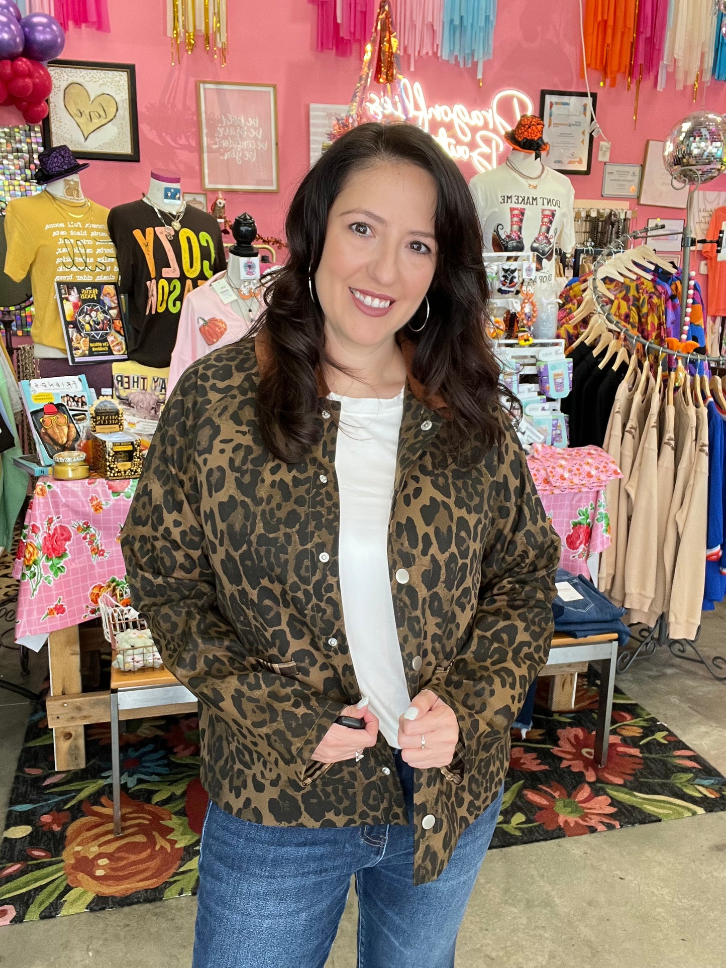 Leopard Button-Down Jacket with Plaid &amp; Suede Contrast