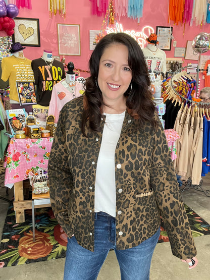 Leopard Button-Down Jacket with Plaid &amp; Suede Contrast