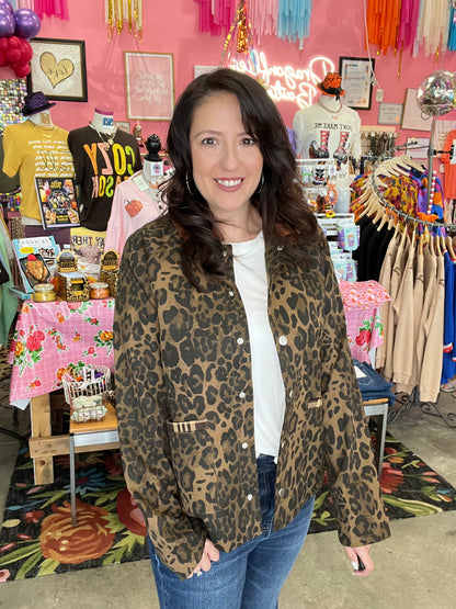 Leopard Button-Down Jacket with Plaid &amp; Suede Contrast