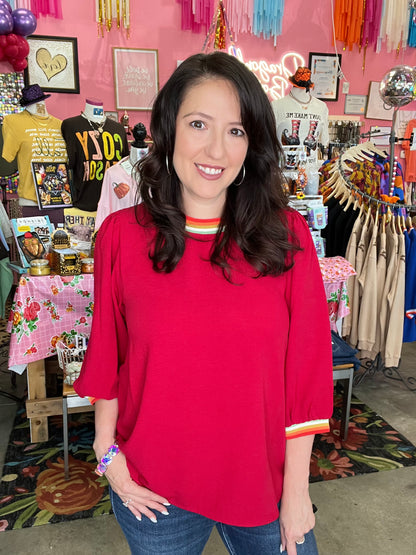 Solid U-Neck Peasant Sleeve Top - Burgundy