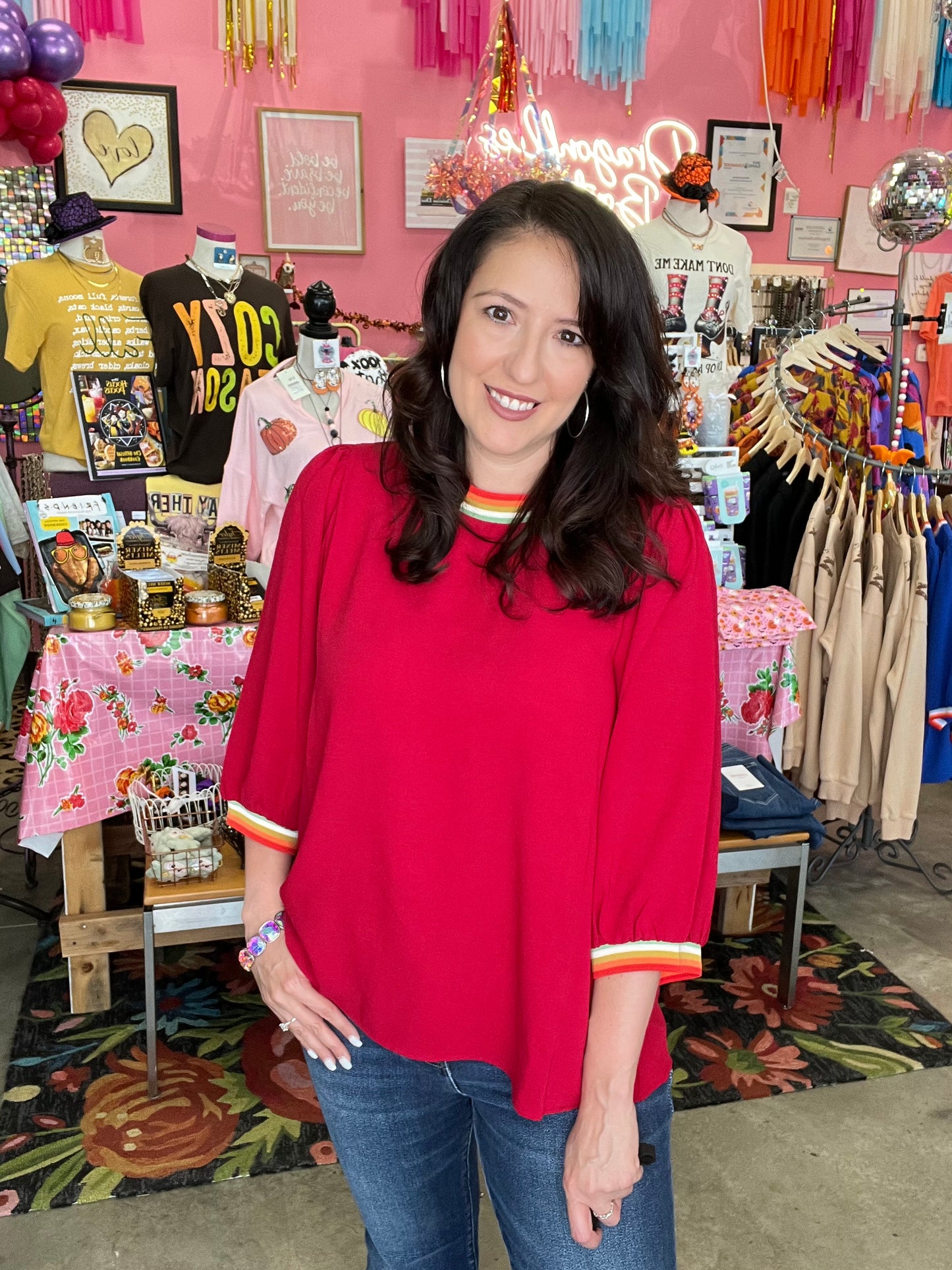 Solid U-Neck Peasant Sleeve Top - Burgundy