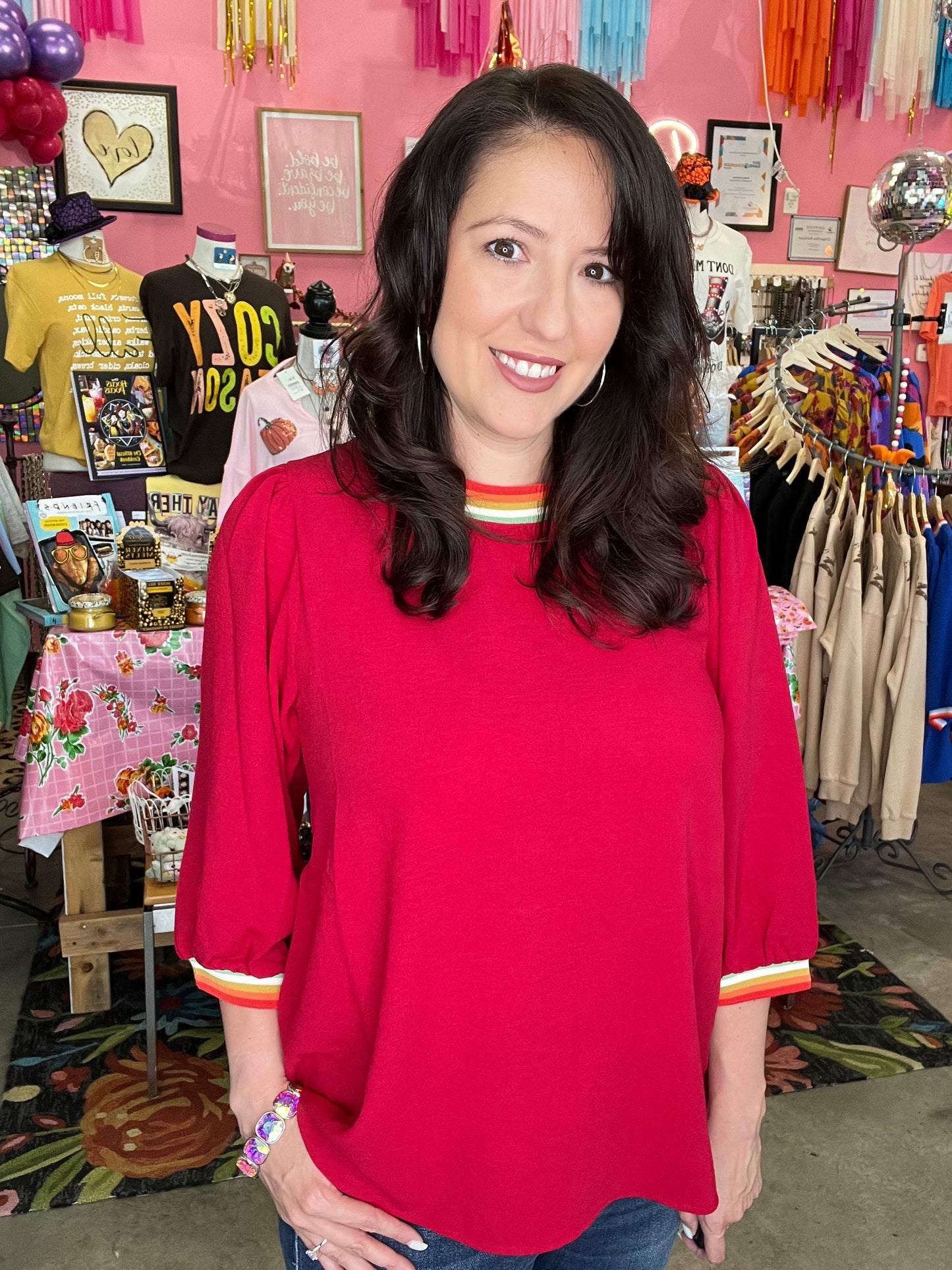 Solid U-Neck Peasant Sleeve Top - Burgundy