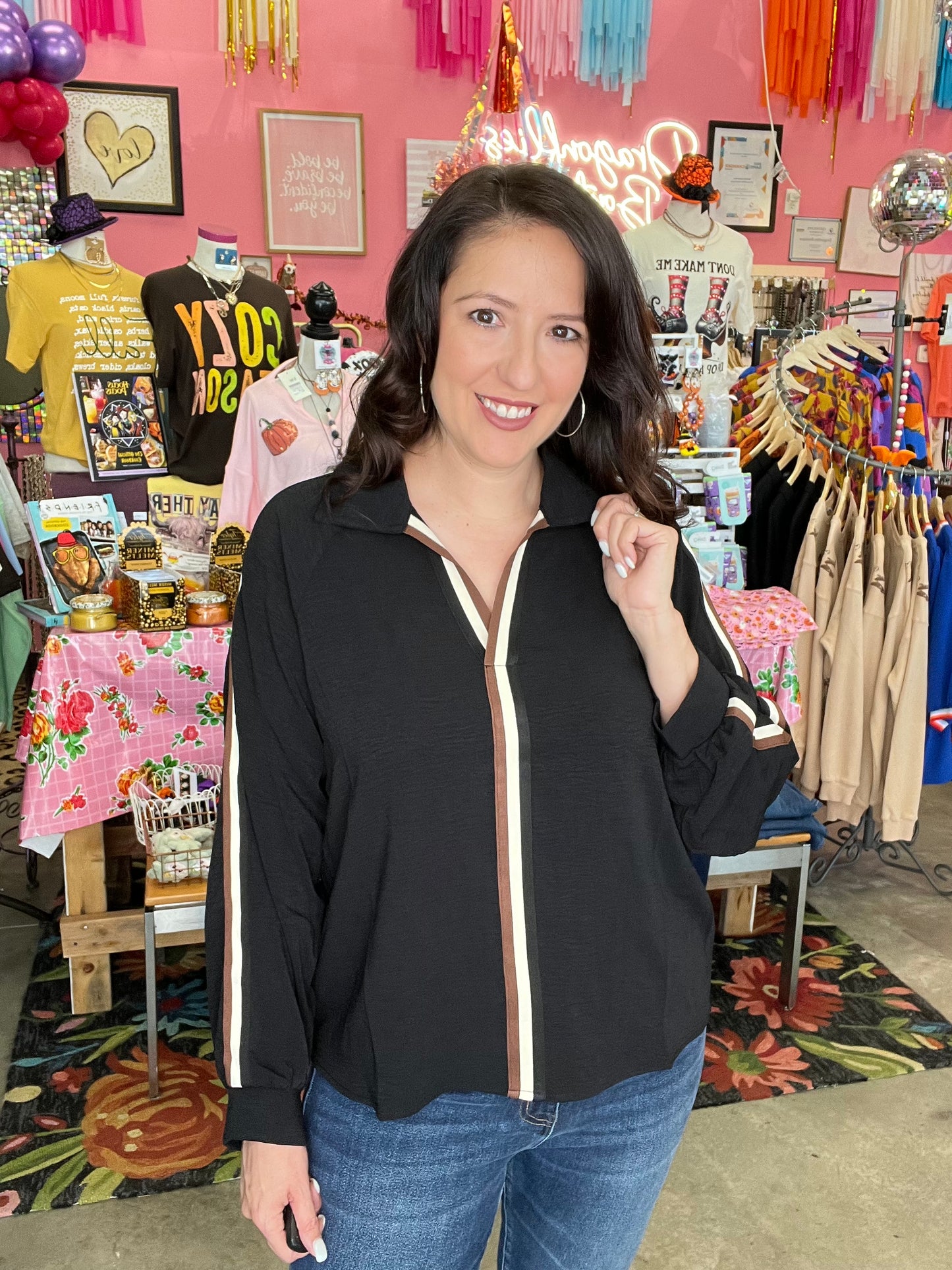 Crinkle V-Neck Top with Stripe Trim