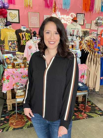 Crinkle V-Neck Top with Stripe Trim