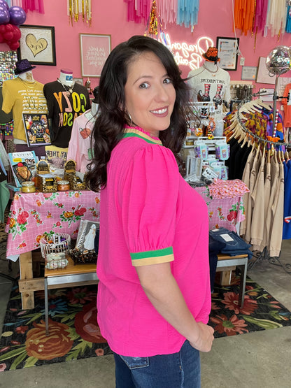 Half-Sleeve Color Block Top - HOT PINK