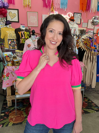 Half-Sleeve Color Block Top - HOT PINK