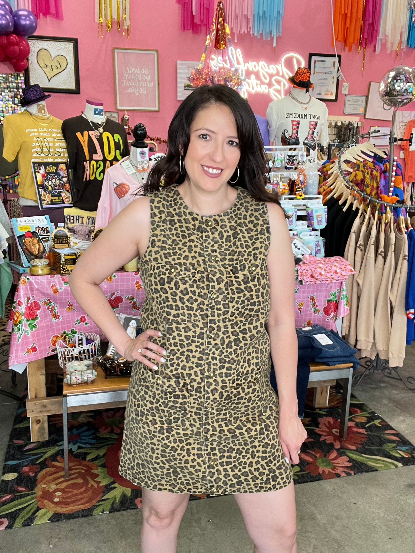 LEOPARD DENIM SLEEVELESS DRESS