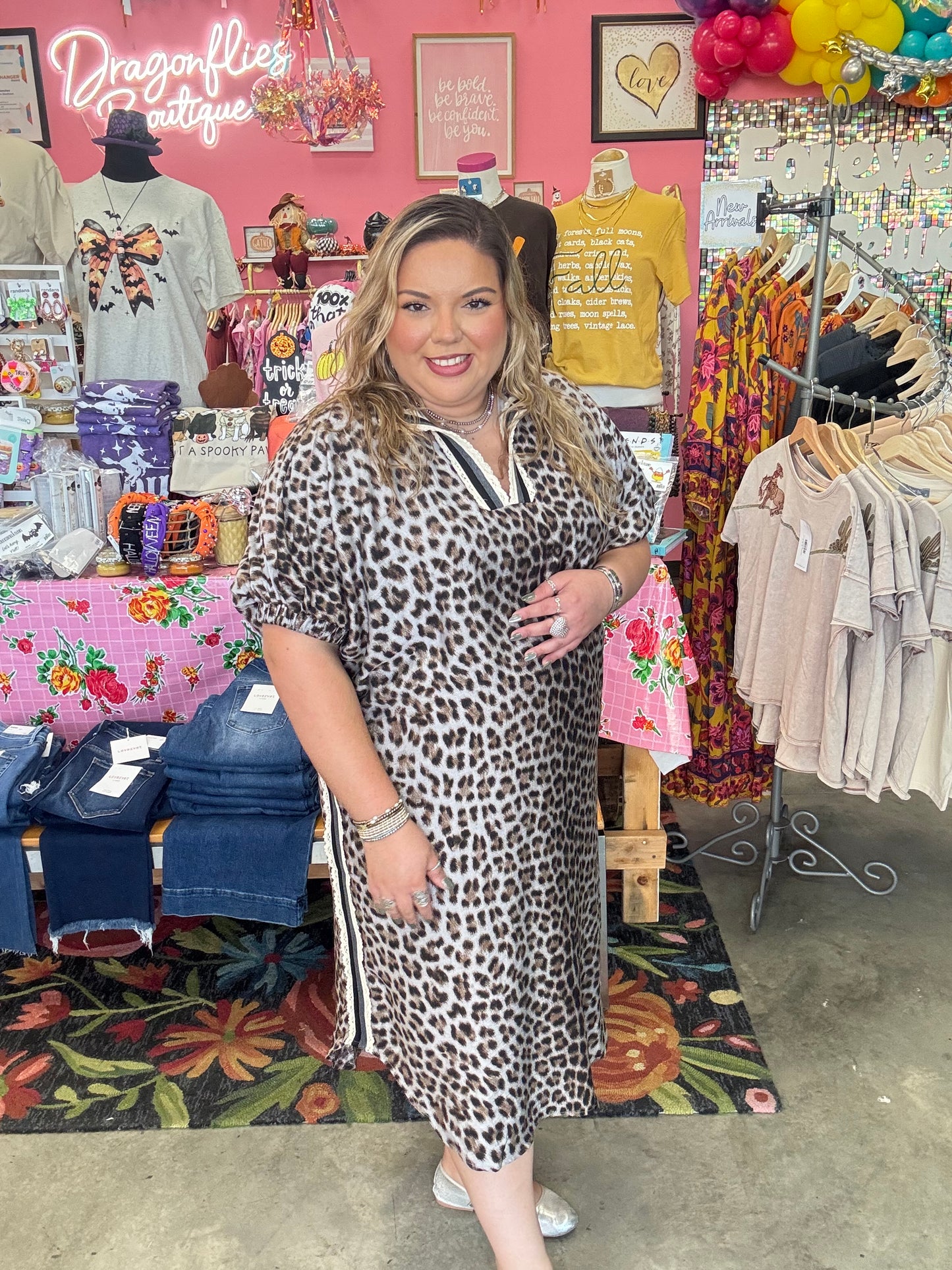 Leopard Print Dolman Sleeve Midi Dress - S-2XL