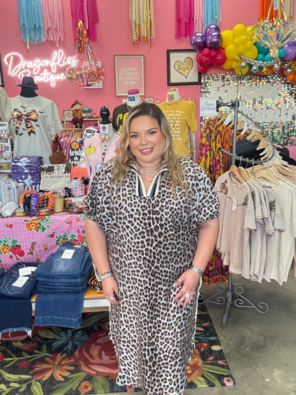 Leopard Print Dolman Sleeve Midi Dress - S-2XL