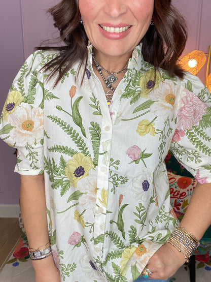 Floral print ruffled neck top