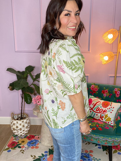 Floral print ruffled neck top