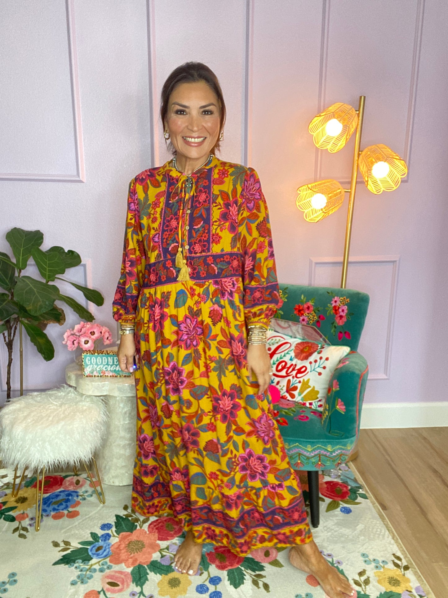 FLORAL PRINTED RAYON CHALLIS MAXI DRESS