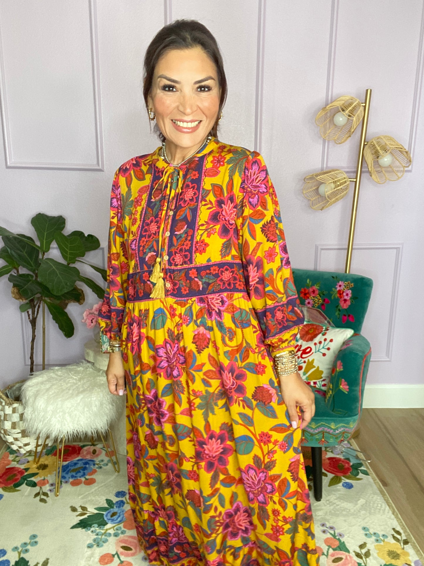 FLORAL PRINTED RAYON CHALLIS MAXI DRESS