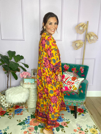 FLORAL PRINTED RAYON CHALLIS MAXI DRESS
