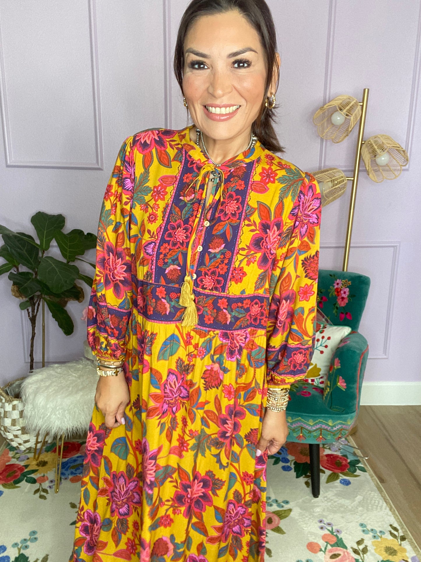 FLORAL PRINTED RAYON CHALLIS MAXI DRESS