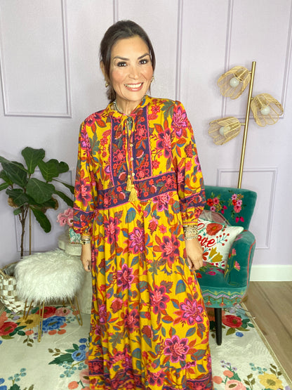 FLORAL PRINTED RAYON CHALLIS MAXI DRESS