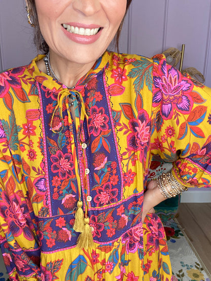 FLORAL PRINTED RAYON CHALLIS MAXI DRESS
