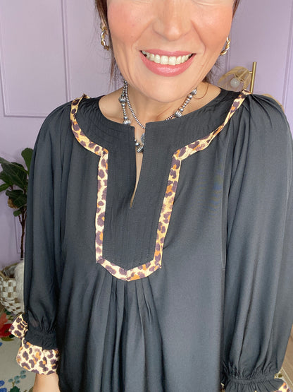 Tunic Dress with Leopard Trim Accents