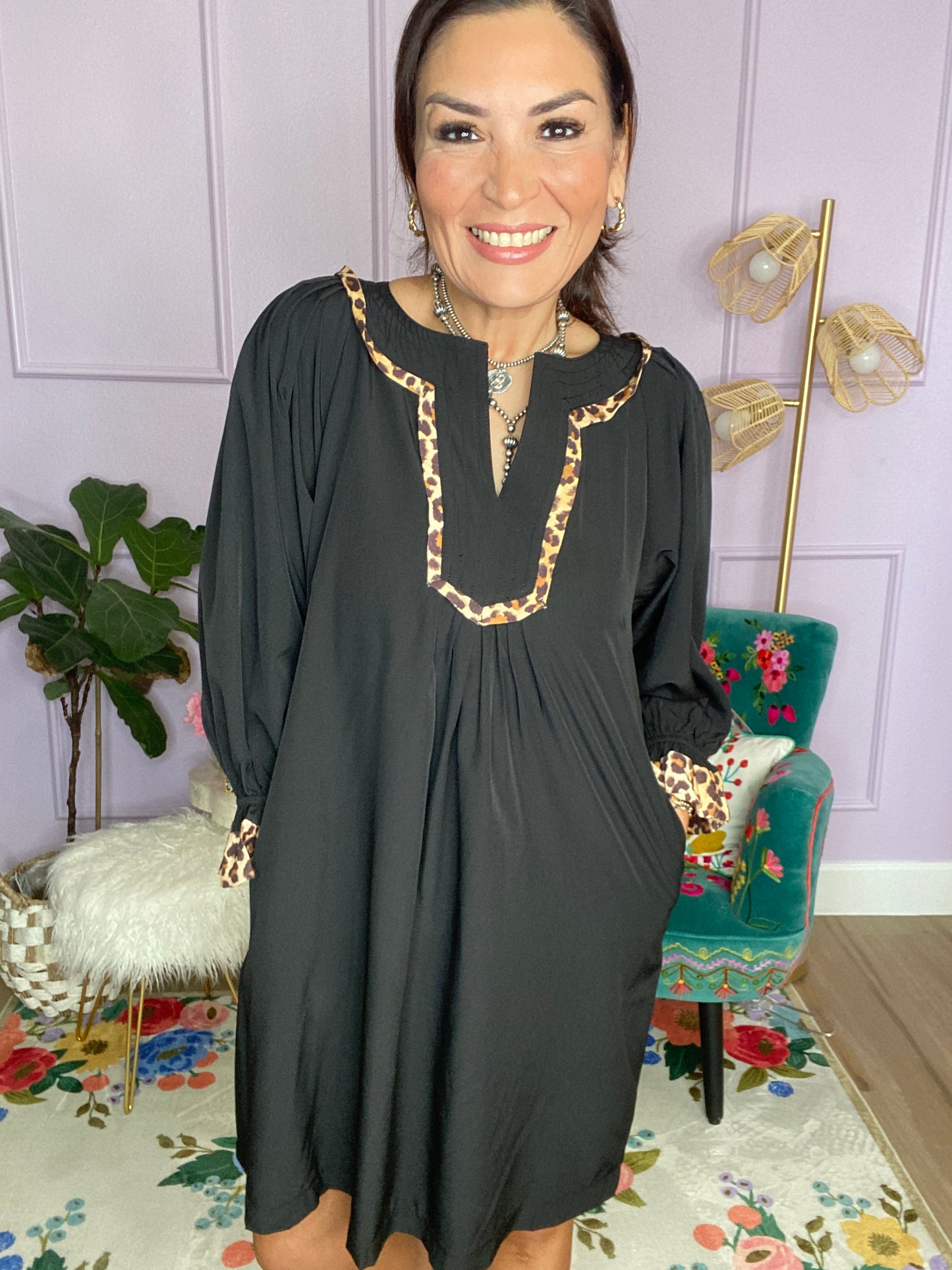Tunic Dress with Leopard Trim Accents