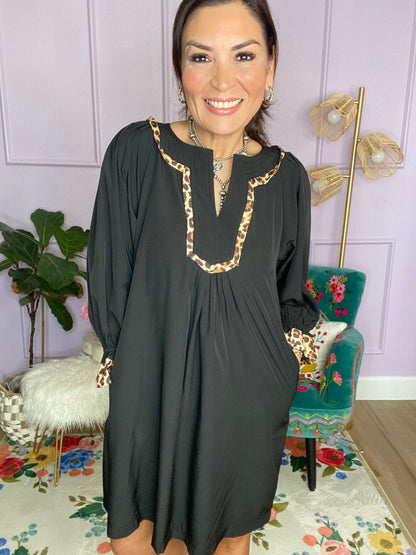 Tunic Dress with Leopard Trim Accents