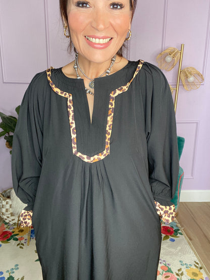 Tunic Dress with Leopard Trim Accents