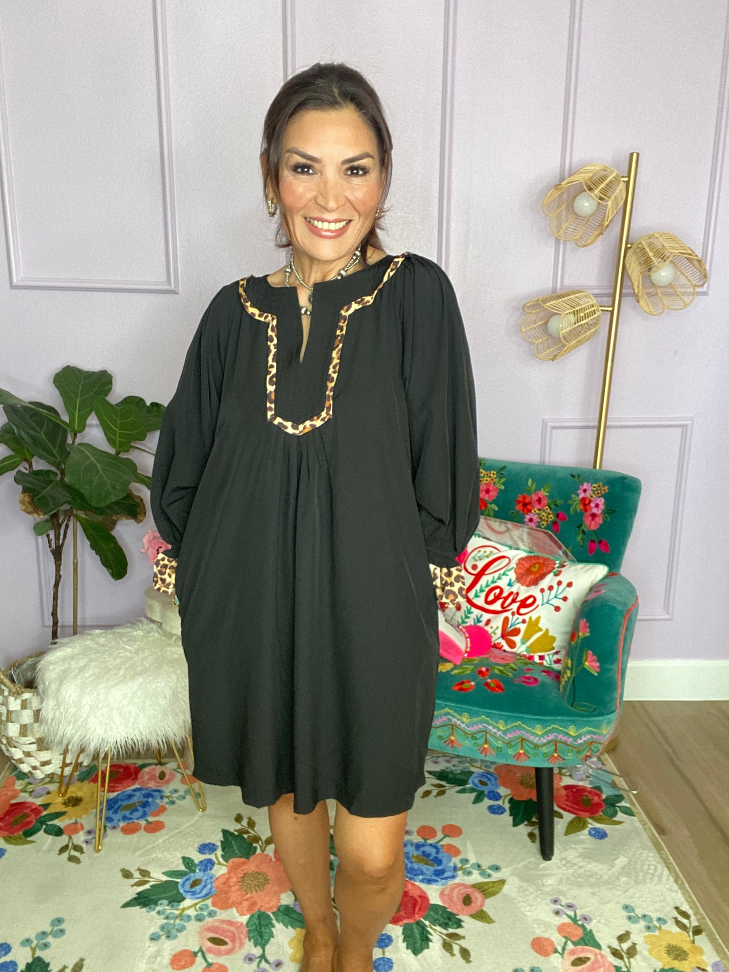 Tunic Dress with Leopard Trim Accents
