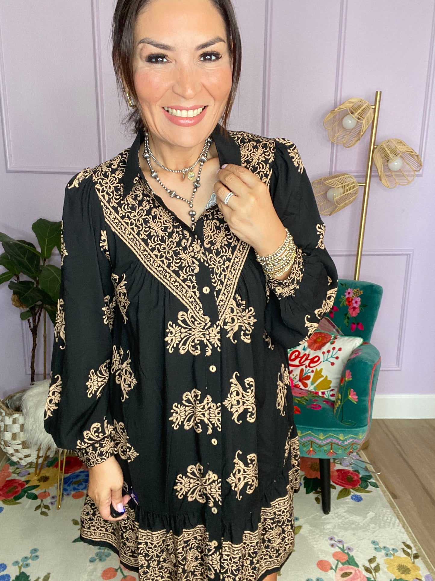 BORDER PRINTED CHALLIS SHIRT DRESS