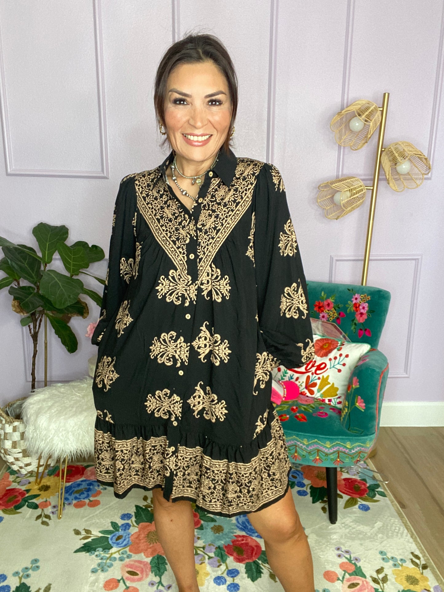 BORDER PRINTED CHALLIS SHIRT DRESS