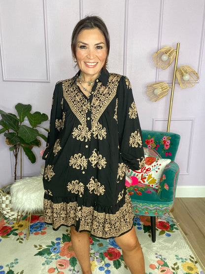 BORDER PRINTED CHALLIS SHIRT DRESS
