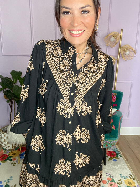 BORDER PRINTED CHALLIS SHIRT DRESS