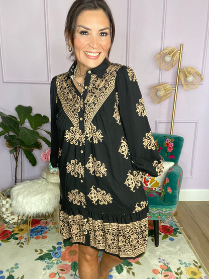 BORDER PRINTED CHALLIS SHIRT DRESS