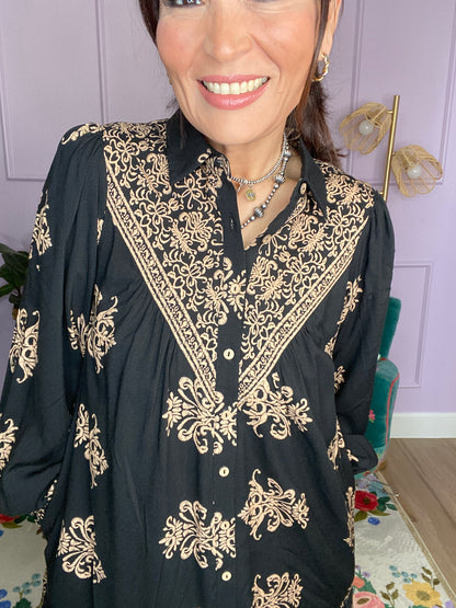 BORDER PRINTED CHALLIS SHIRT DRESS