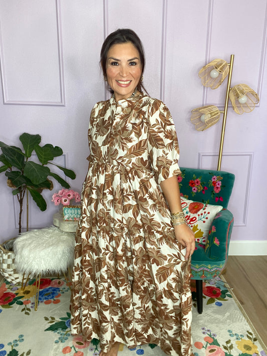 Boho Leaf Print Tiered Midi Dress