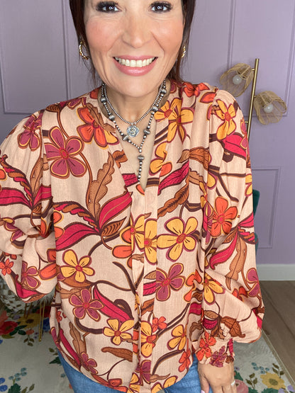 FLORAL PRINTED RAYON GAUZE WOVEN TOP