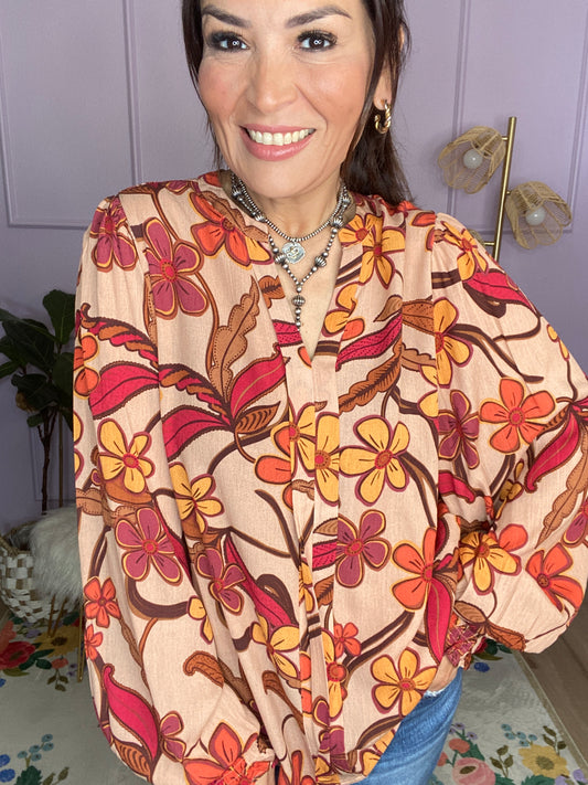 FLORAL PRINTED RAYON GAUZE WOVEN TOP