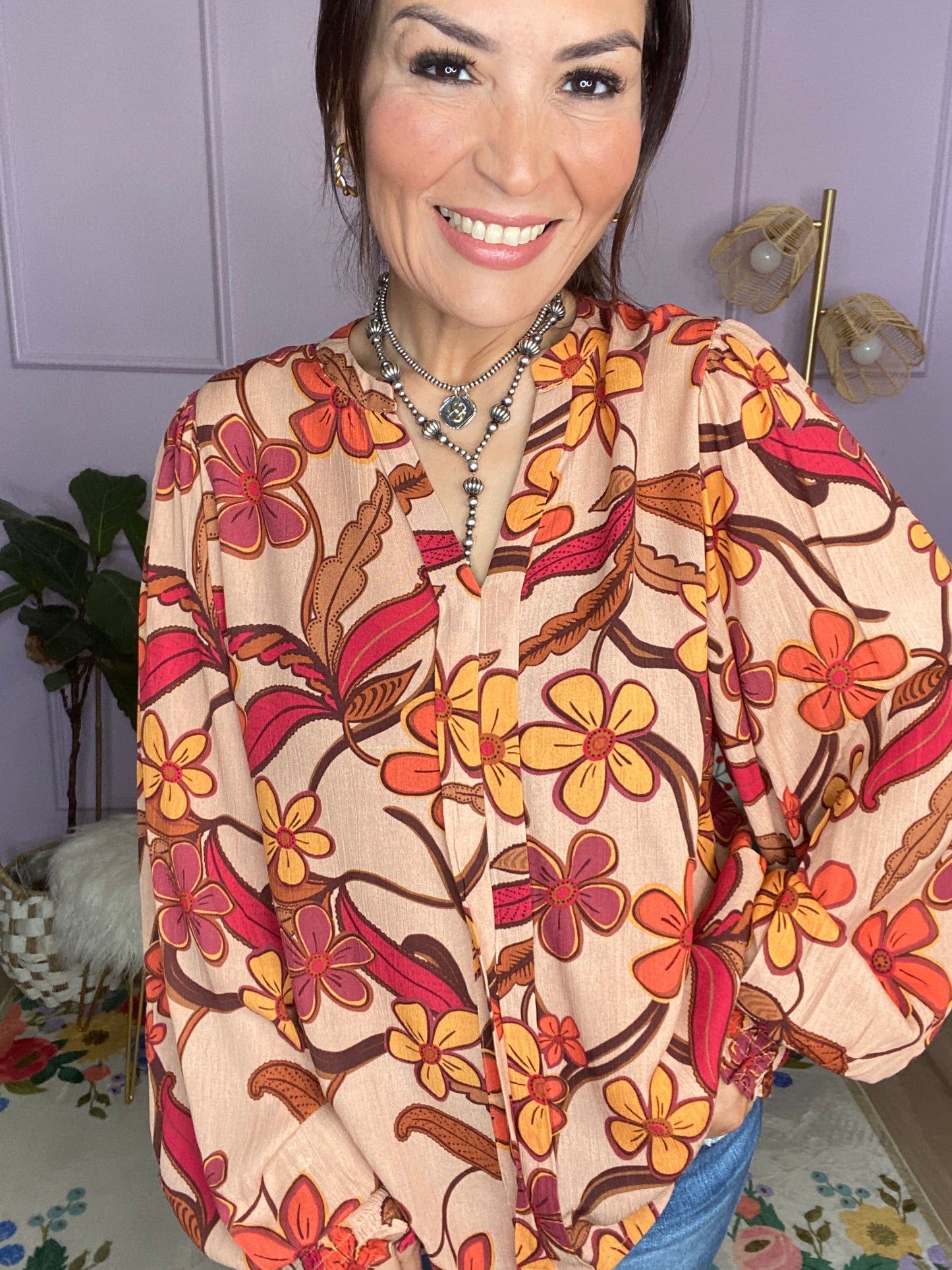FLORAL PRINTED RAYON GAUZE WOVEN TOP