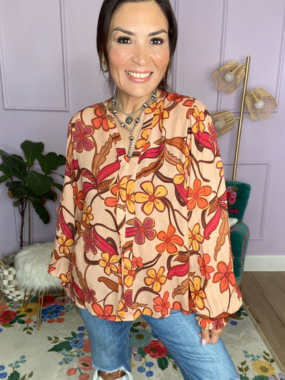 FLORAL PRINTED RAYON GAUZE WOVEN TOP